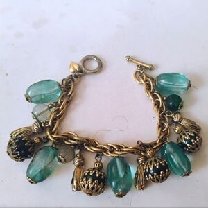 Vintage Carolee Gold Teal And Green Beaded Charm Bracelet 7.5"